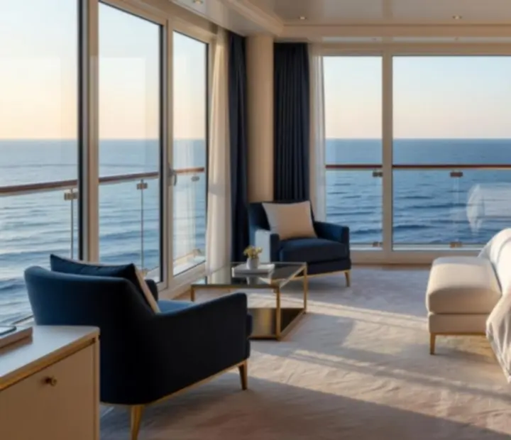 Ekskluzywny apartament z balkonem i widokiem na ocean na wyższym pokładzie statku