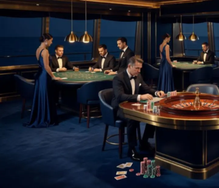 Eleganckie kasyno pokładowe ze stołami do pokera, ruletki i blackjacka