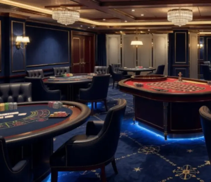 Eleganckie kasyno pokładowe ze stołami do pokera, ruletki i blackjacka