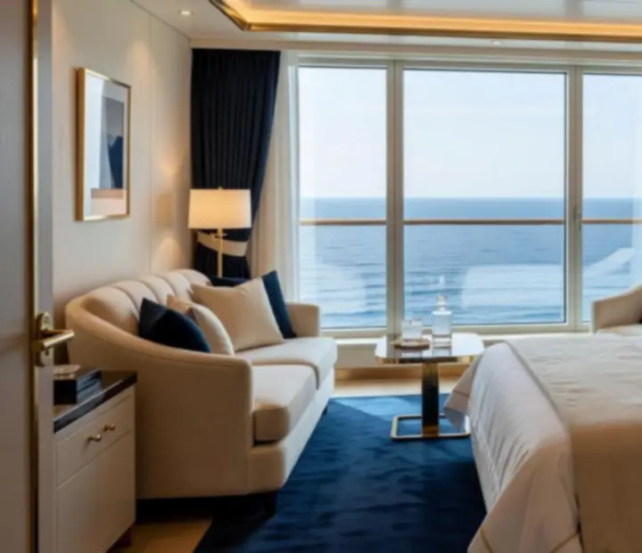 Luksusowa kabina lub apartament z balkonem i widokiem na ocean