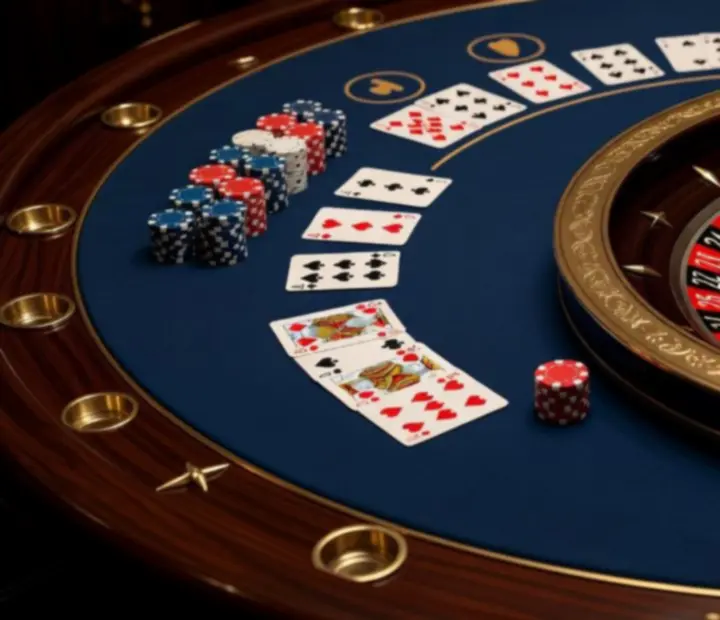 Stół pokerowy i stół ruletkowy z kartami do gry i żetonami kasynowymi